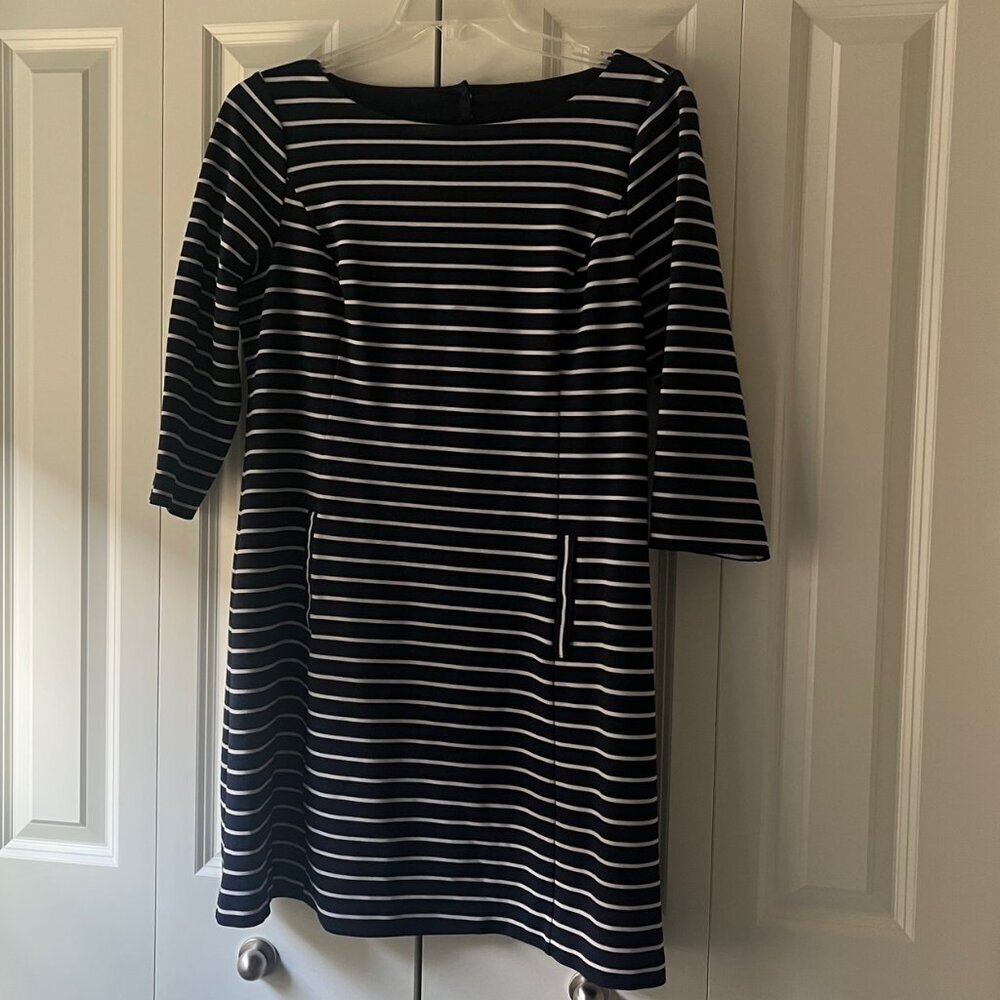 1901 Stripe Boat Neck Ponte Dress Nautical Navy Blue Long Sleeve Open Back, 16 - Picture 3 of 7